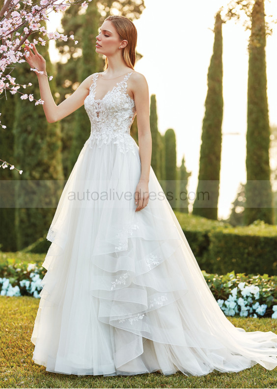 Ivory Lace Tulle Ruffle Sheer Back Wedding Dress